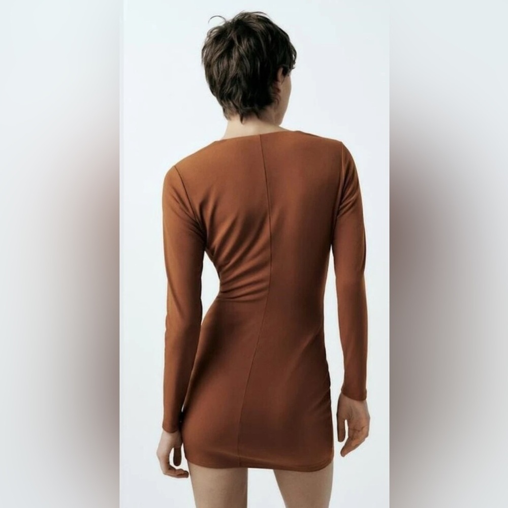 Elegant Brown Long Sleeve Cowl Neck Dress by Zara - Picture 6 of 6